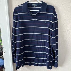 Ralph Lauren Navy Long-Sleeve Striped Polo with White and Red Accents